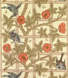 Disegno di carta da parati blu e arancione a traliccio, 1864